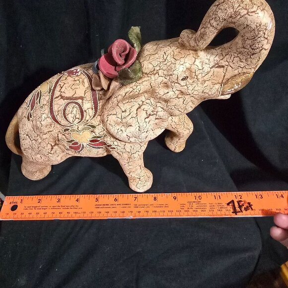 Decorative Hand-Painted Elephant Figurine With Floral Accents & Crackled Texture - Picture 2 of 9